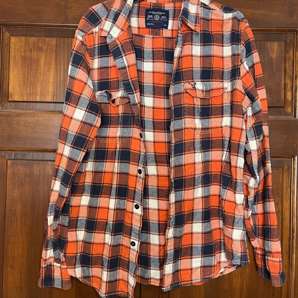 Women’s Orange White and Blue American Eagle Flannel Large